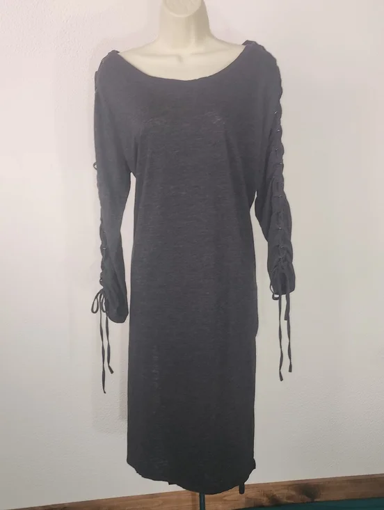 Umgee Dress Knit  Long Sleeve With Tie-Detail  Charcoal Size L - Picture 4 of 12